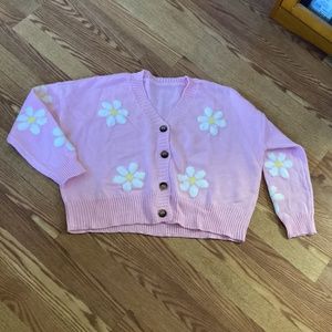 Lisa & Rose Pink & White Daisies Oversized Button Up Sweater Cardigan L